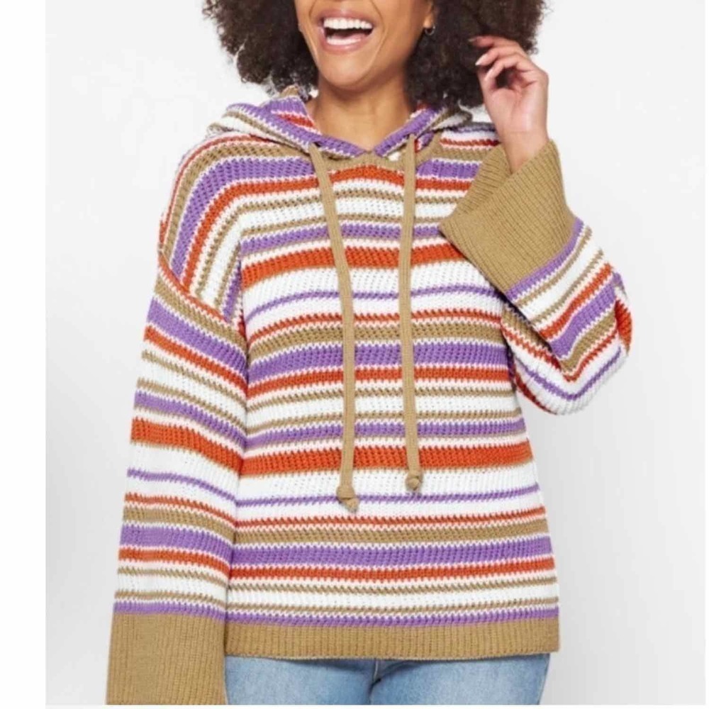 Rebecca Taylor Chevron Hooded Soft Cotton Knit Sweater Size XL
